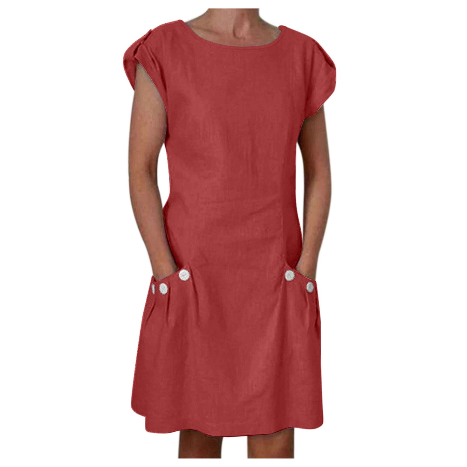 thumbnail image 3 of Vestido informal de mujer con cuello redondo, manga corta, botones, color liso y bolsillos, corte holgado y largo mini, 3 of 8
